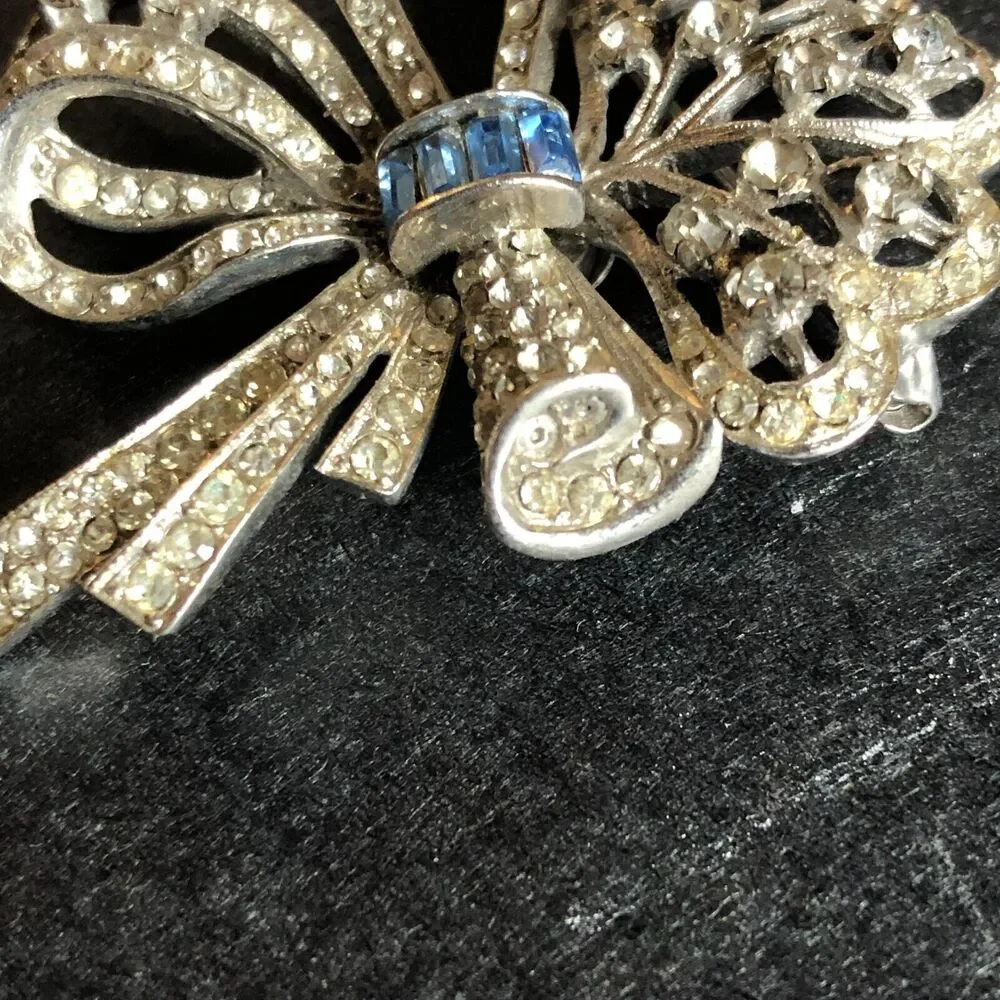 Sterling Silver Bow Brooch Sonia Lee 1940s Art Deco Rhinestone White Blue Vtg